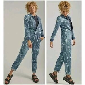 Free People x Lee Union All Denim Splatter Jumpsuit Great Fog Bleach Size S NWT